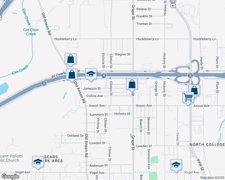 map of restaurants, bars, coffee shops, grocery stores, and more near 1849 Jameson Street in Abilene