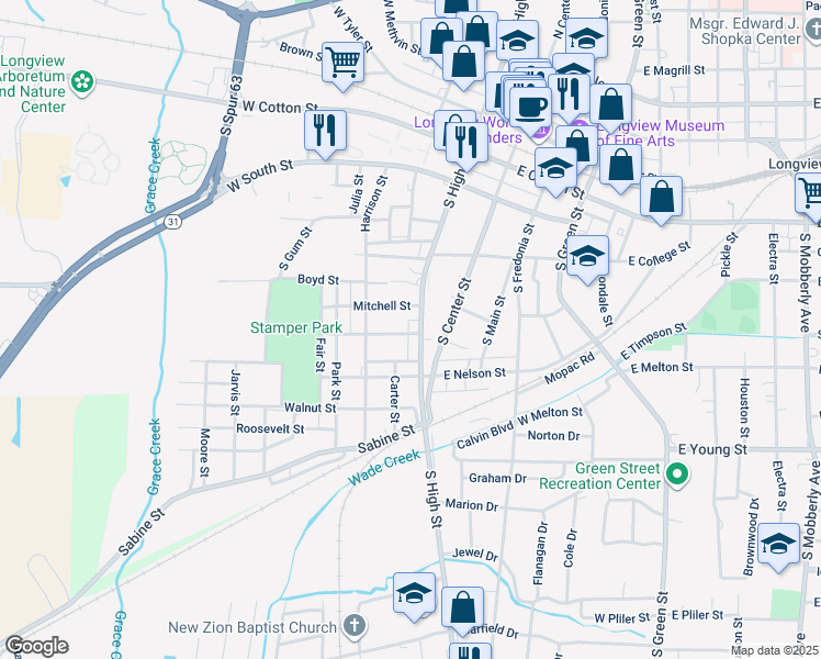 map of restaurants, bars, coffee shops, grocery stores, and more near 219 West Eckman Street in Longview