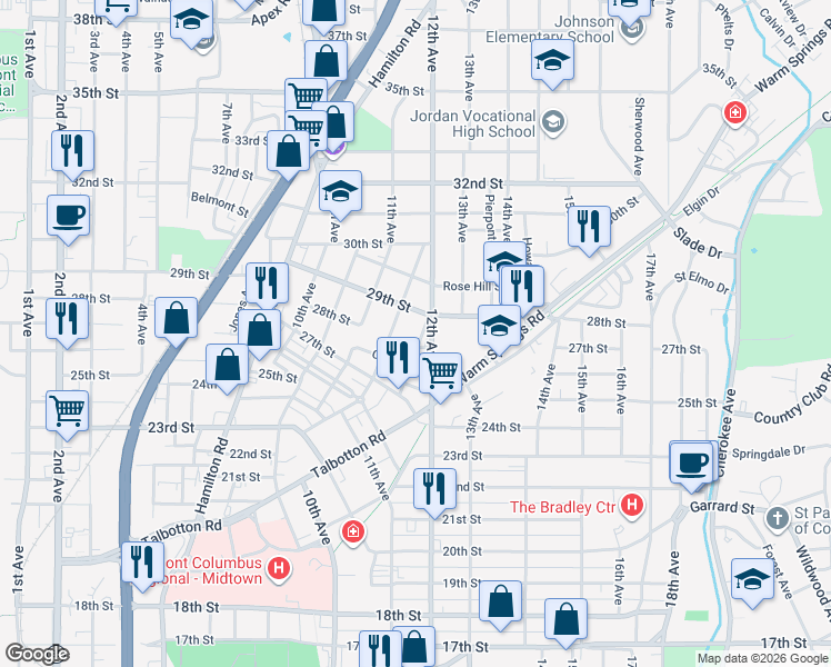 map of restaurants, bars, coffee shops, grocery stores, and more near 2815 Waverly Avenue in Columbus
