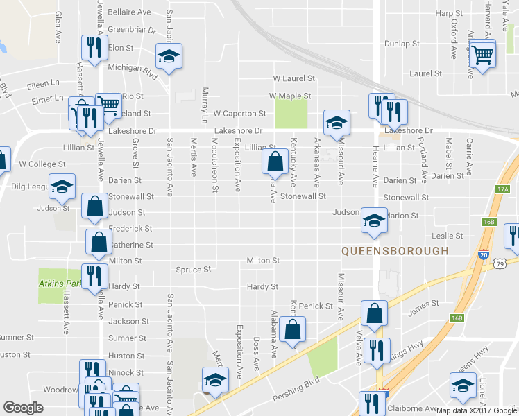 map of restaurants, bars, coffee shops, grocery stores, and more near 3124 Judson Street in Shreveport
