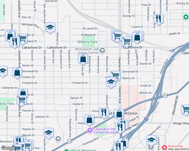 map of restaurants, bars, coffee shops, grocery stores, and more near 2918 Judson Street in Shreveport