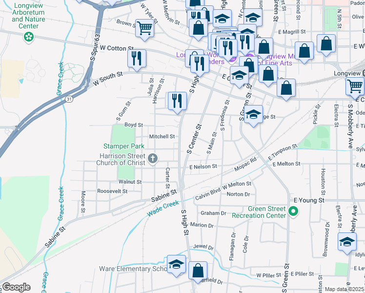 map of restaurants, bars, coffee shops, grocery stores, and more near 219 West Eckman Street in Longview