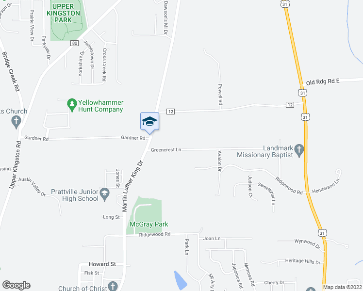 map of restaurants, bars, coffee shops, grocery stores, and more near 109 Greencrest Lane in Prattville