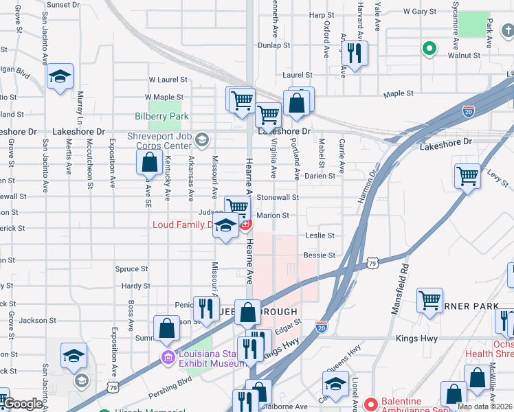 map of restaurants, bars, coffee shops, grocery stores, and more near 2415 Hearne Avenue in Shreveport