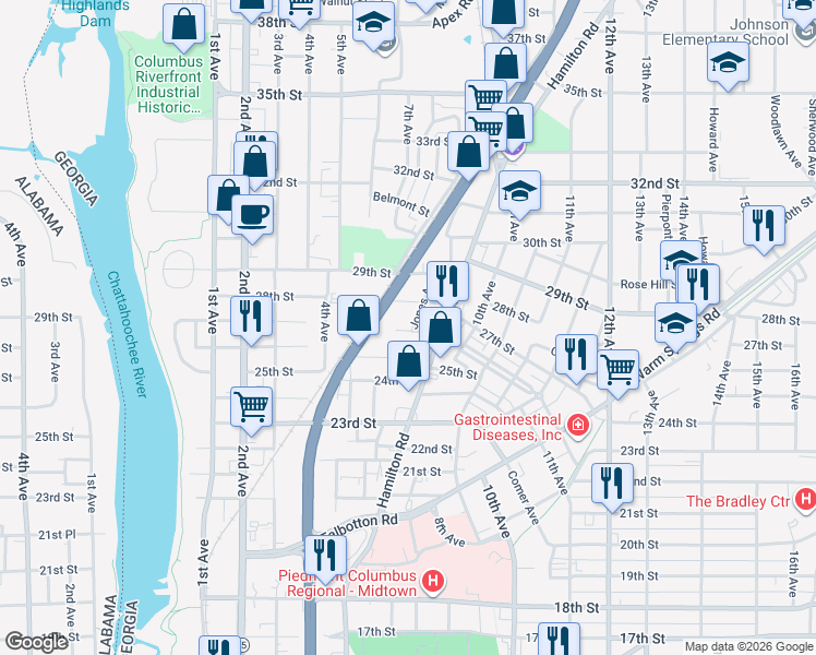 map of restaurants, bars, coffee shops, grocery stores, and more near 2601 Jones Avenue in Columbus