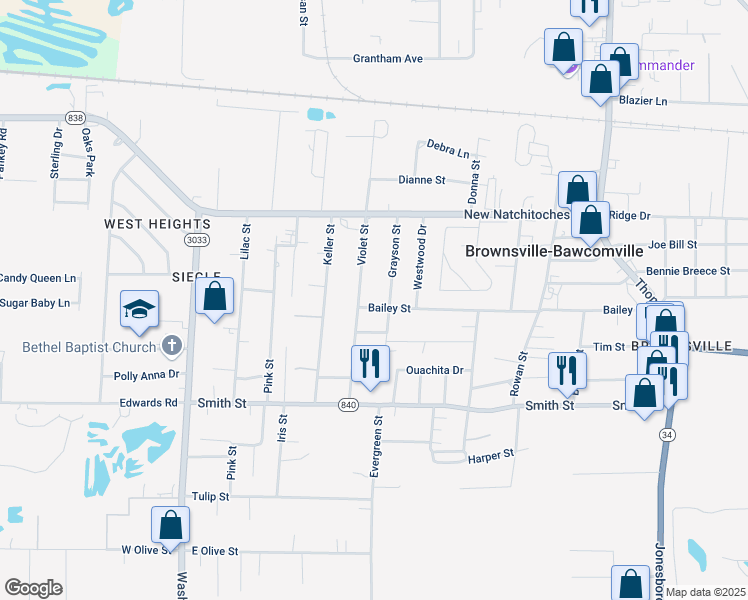 map of restaurants, bars, coffee shops, grocery stores, and more near 2004 Bailey St in West Monroe