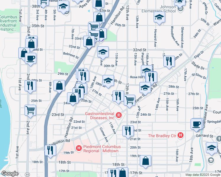 map of restaurants, bars, coffee shops, grocery stores, and more near 1112 29th Street in Columbus