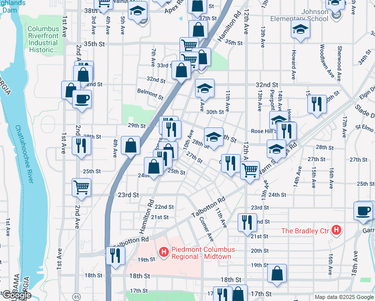 map of restaurants, bars, coffee shops, grocery stores, and more near 1010 27th Street in Columbus