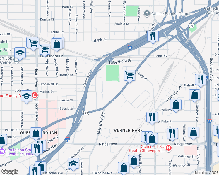 map of restaurants, bars, coffee shops, grocery stores, and more near in Shreveport