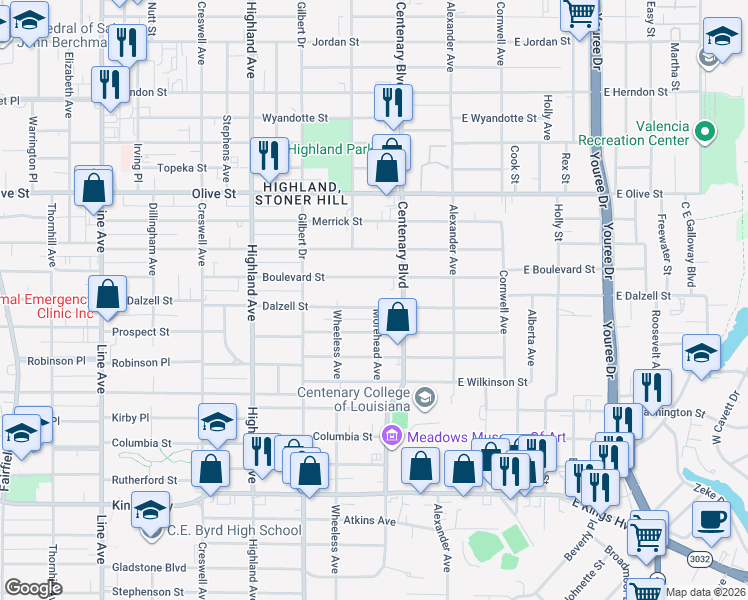 map of restaurants, bars, coffee shops, grocery stores, and more near 236 Dalzell Street in Shreveport