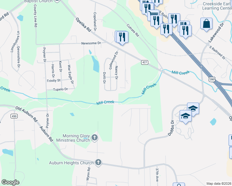 map of restaurants, bars, coffee shops, grocery stores, and more near 2705 Dotti Drive in Phenix City