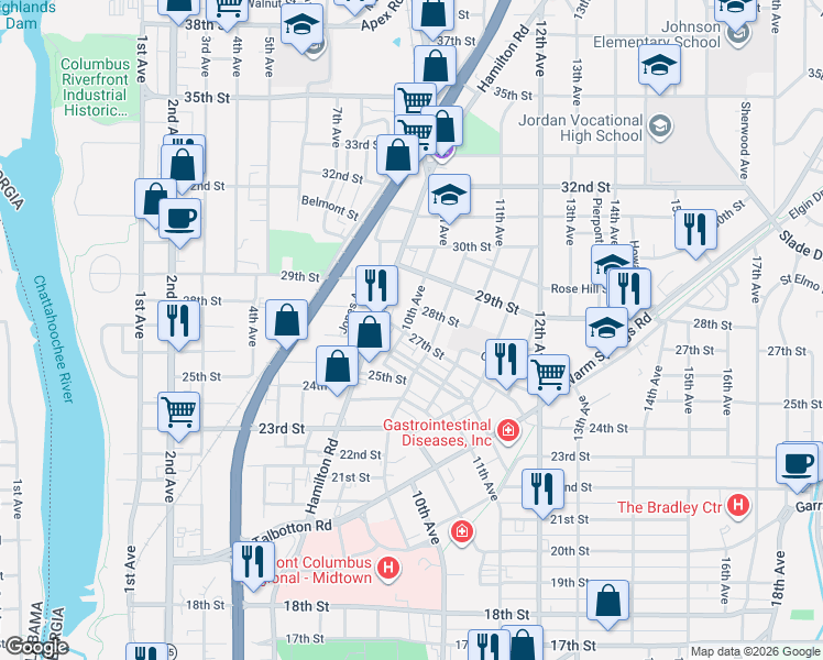 map of restaurants, bars, coffee shops, grocery stores, and more near 1010 27th Street in Columbus