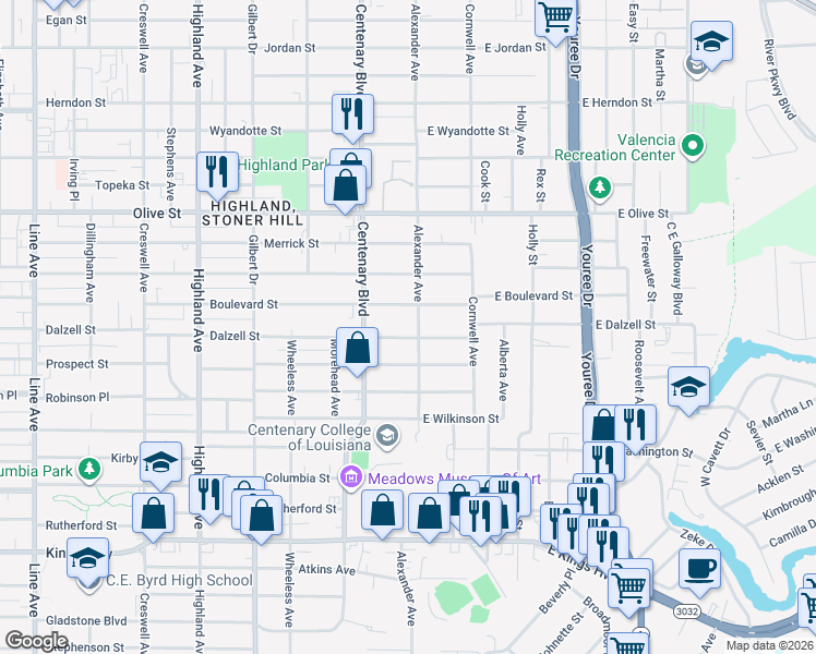 map of restaurants, bars, coffee shops, grocery stores, and more near 120 Dalzell Street in Shreveport