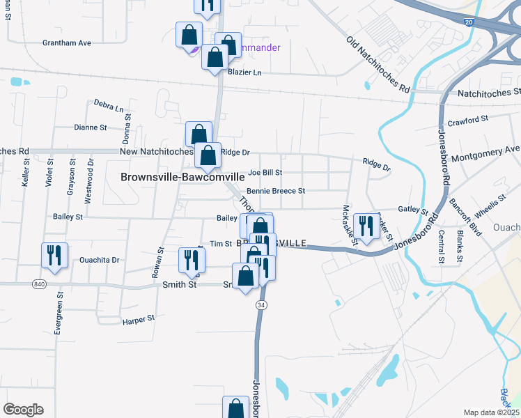map of restaurants, bars, coffee shops, grocery stores, and more near 1399 Bailey St in West Monroe