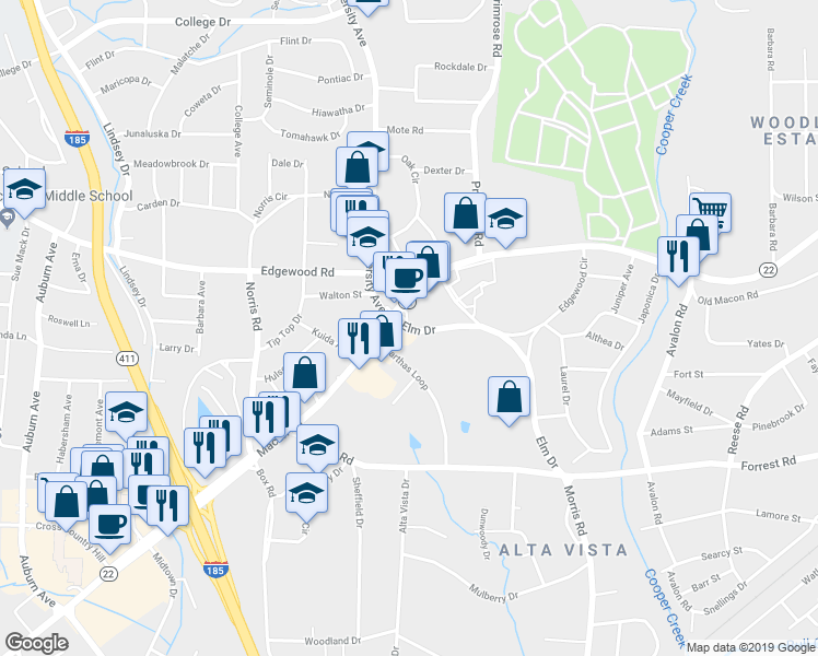 map of restaurants, bars, coffee shops, grocery stores, and more near 2484 Elm Drive in Columbus