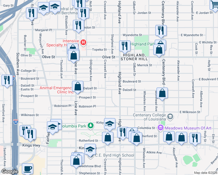 map of restaurants, bars, coffee shops, grocery stores, and more near 2402 Pinehurst Boulevard in Shreveport