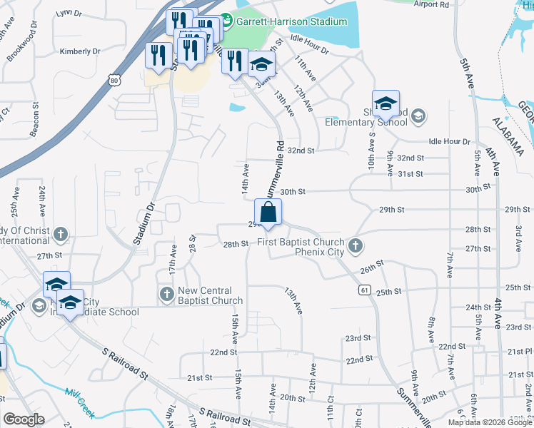 map of restaurants, bars, coffee shops, grocery stores, and more near 1201 29th Street in Phenix City