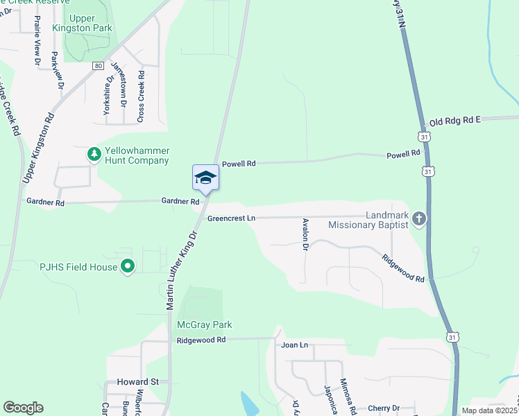 map of restaurants, bars, coffee shops, grocery stores, and more near 109 Greencrest Lane in Prattville