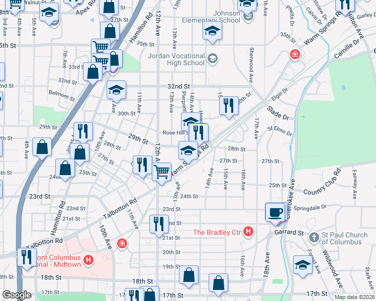 map of restaurants, bars, coffee shops, grocery stores, and more near 2807-2899 Pierpont Avenue in Columbus