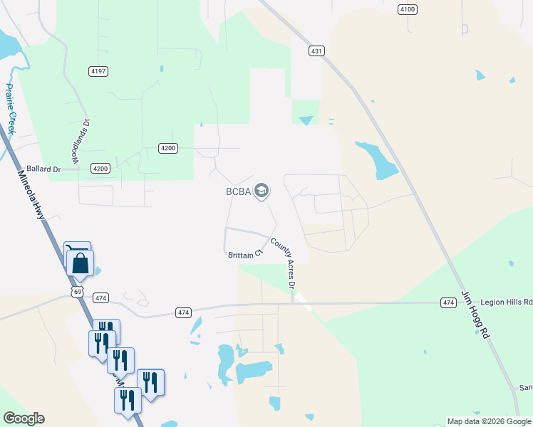 map of restaurants, bars, coffee shops, grocery stores, and more near 15401 Brittain Court in Lindale