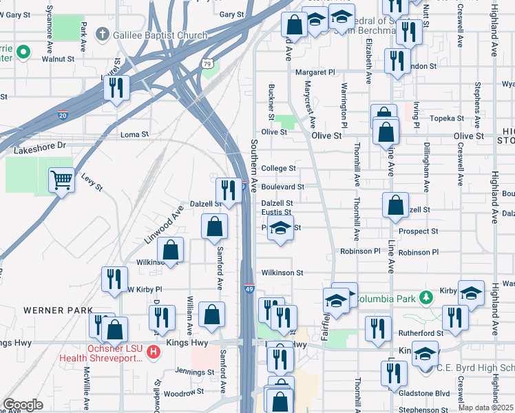 map of restaurants, bars, coffee shops, grocery stores, and more near 1137 Dalzell Street in Shreveport