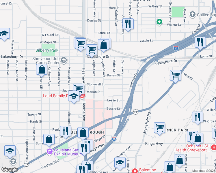 map of restaurants, bars, coffee shops, grocery stores, and more near 2503 Portland Avenue in Shreveport