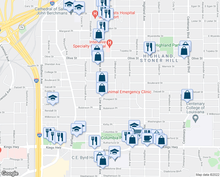 map of restaurants, bars, coffee shops, grocery stores, and more near 724 Dalzell Street in Shreveport