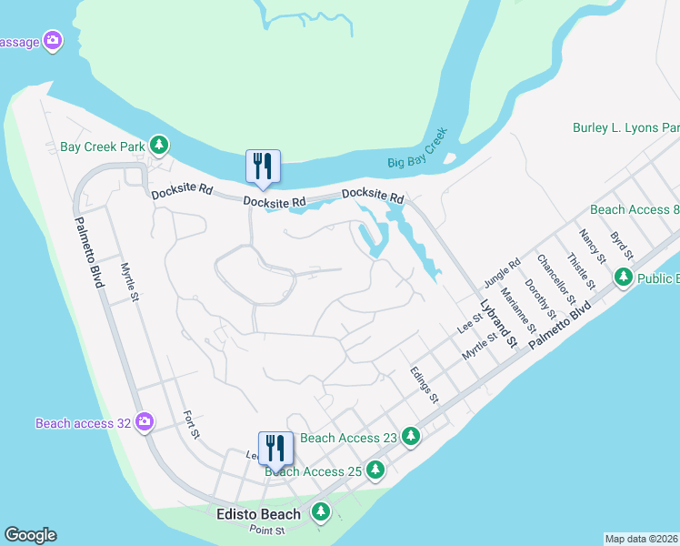 map of restaurants, bars, coffee shops, grocery stores, and more near 10 Gun Bluff Road in Edisto Island