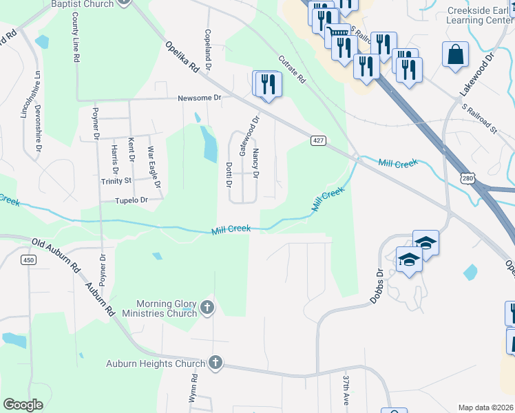 map of restaurants, bars, coffee shops, grocery stores, and more near 2705 Dotti Drive in Phenix City