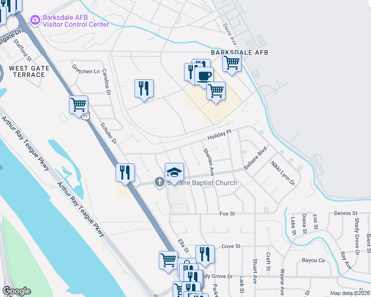 map of restaurants, bars, coffee shops, grocery stores, and more near 3404 Glasscock Avenue in Bossier City