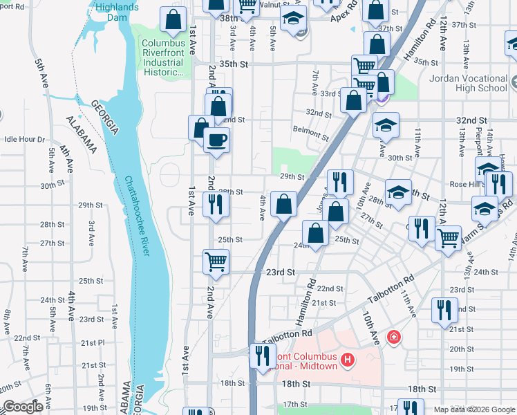 map of restaurants, bars, coffee shops, grocery stores, and more near 2609 4th Avenue in Columbus