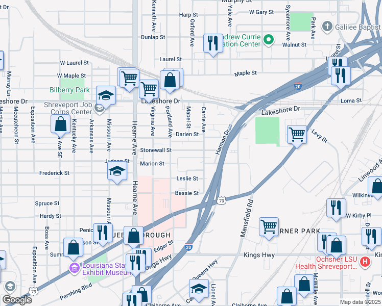 map of restaurants, bars, coffee shops, grocery stores, and more near 2327 Stonewall Street in Shreveport
