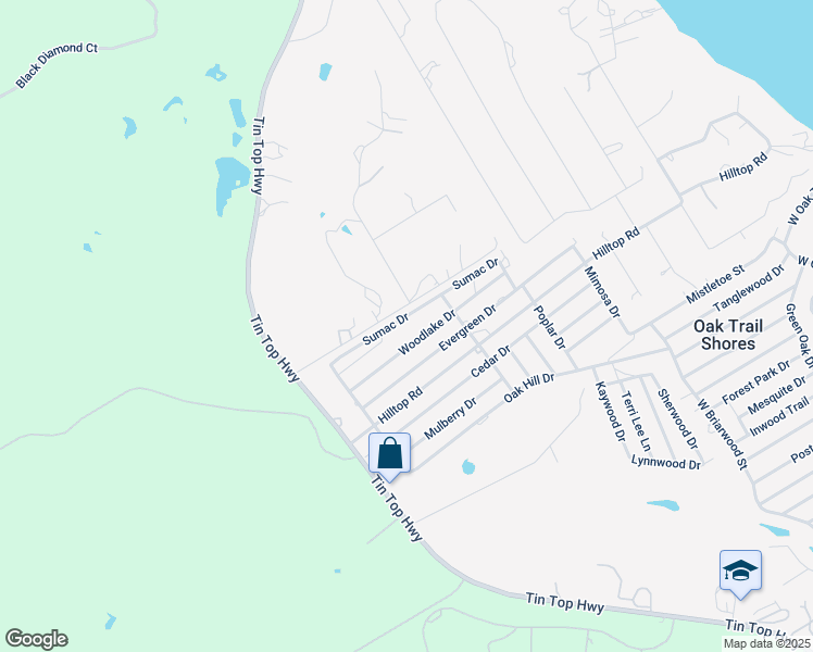 map of restaurants, bars, coffee shops, grocery stores, and more near 3501 Woodlake Drive in Granbury