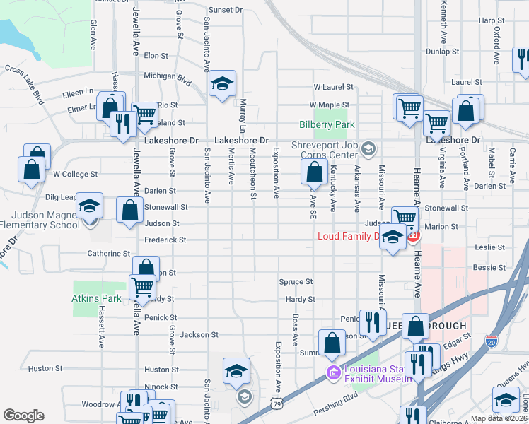 map of restaurants, bars, coffee shops, grocery stores, and more near 3202 Judson Street in Shreveport