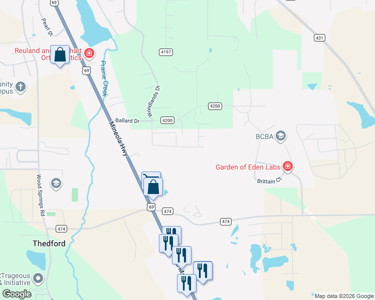 map of restaurants, bars, coffee shops, grocery stores, and more near 15451 Anna Lane in Lindale