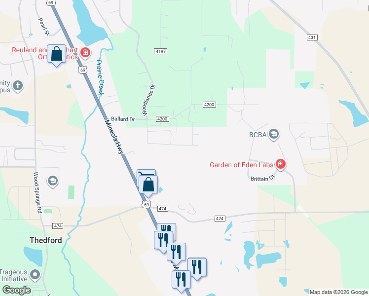map of restaurants, bars, coffee shops, grocery stores, and more near 15451 Anna Lane in Lindale