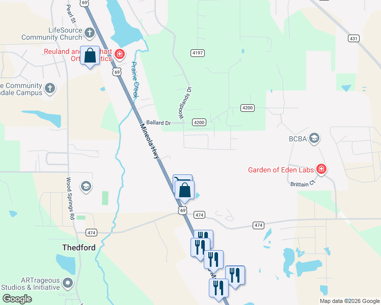 map of restaurants, bars, coffee shops, grocery stores, and more near 15431 Anna Lane in Lindale