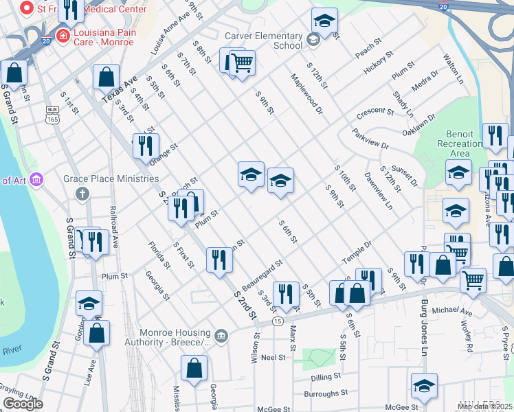map of restaurants, bars, coffee shops, grocery stores, and more near 1001 Pecan Street in Monroe