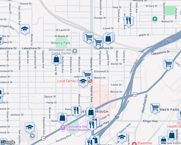 map of restaurants, bars, coffee shops, grocery stores, and more near 2415 Hearne Avenue in Shreveport