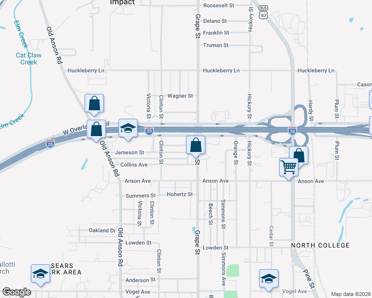 map of restaurants, bars, coffee shops, grocery stores, and more near 1757 Jameson Street in Abilene
