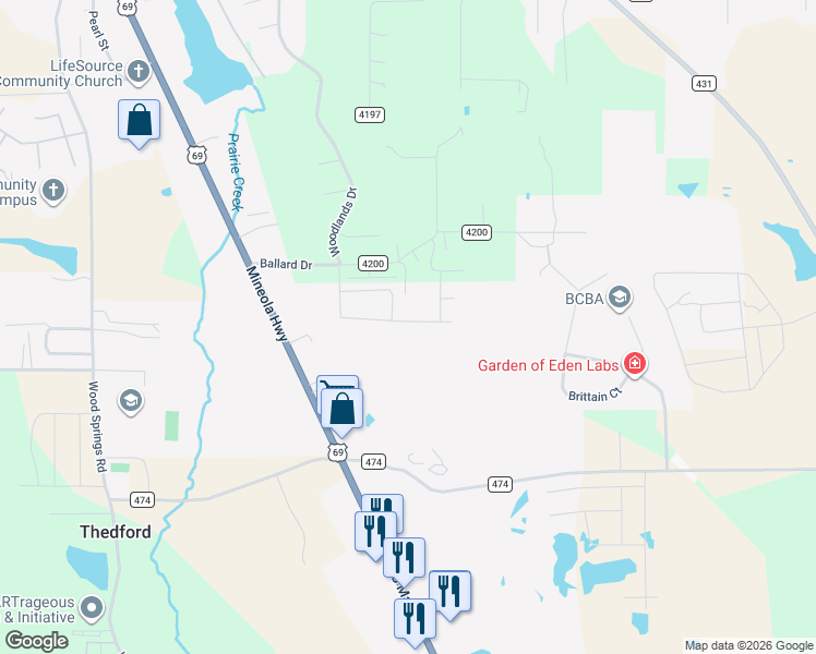 map of restaurants, bars, coffee shops, grocery stores, and more near 15451 Anna Lane in Lindale