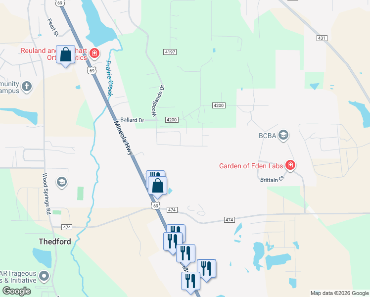 map of restaurants, bars, coffee shops, grocery stores, and more near 15451 Anna Lane in Lindale