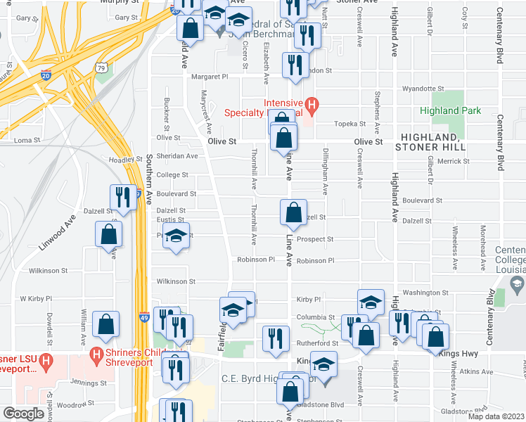 map of restaurants, bars, coffee shops, grocery stores, and more near 850 Dalzell Street in Shreveport
