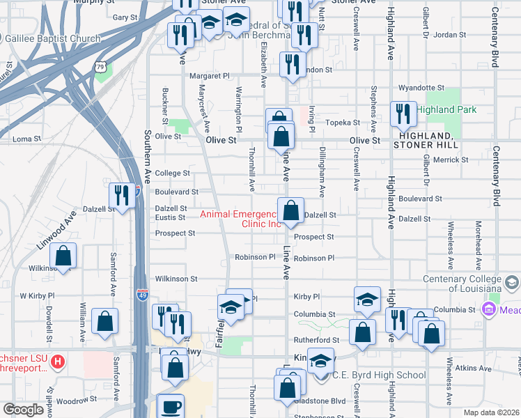map of restaurants, bars, coffee shops, grocery stores, and more near 821 Dalzell Street in Shreveport