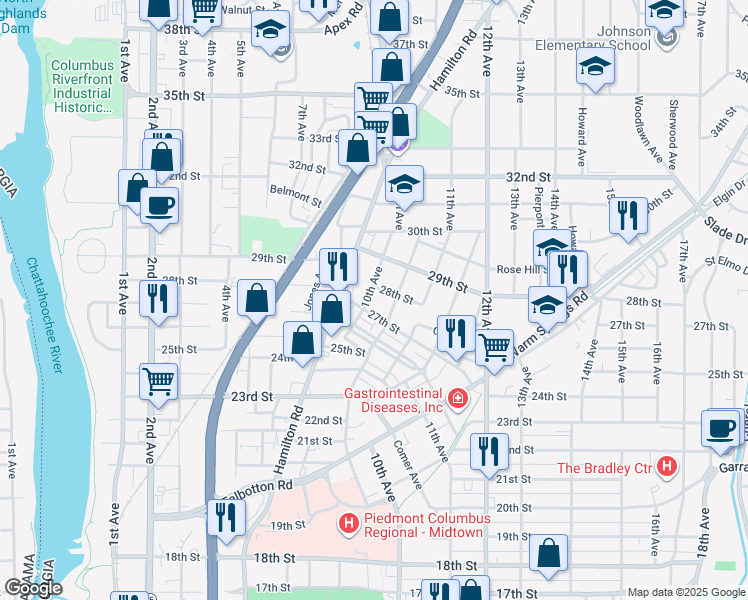 map of restaurants, bars, coffee shops, grocery stores, and more near 1010 27th Street in Columbus