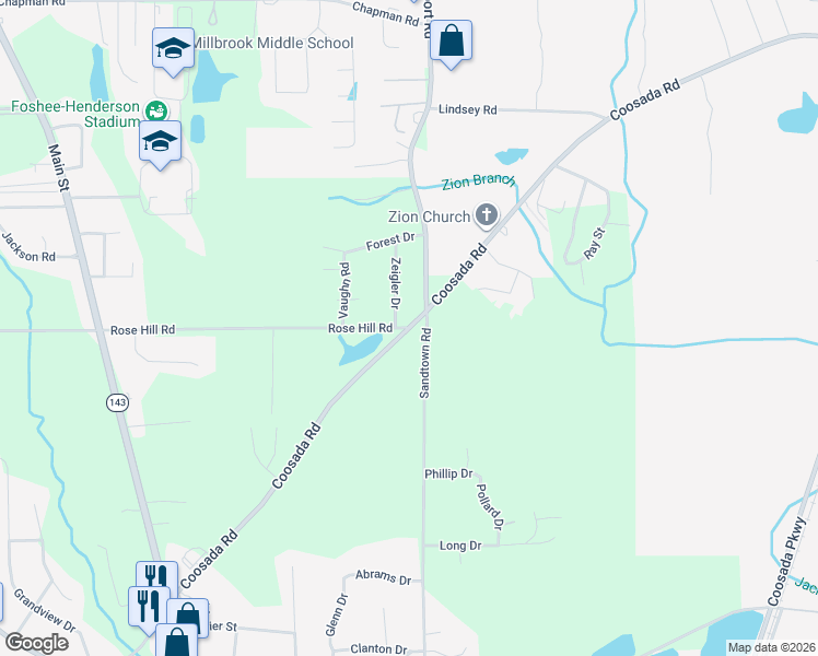 map of restaurants, bars, coffee shops, grocery stores, and more near 4125 Coosada Road in Millbrook