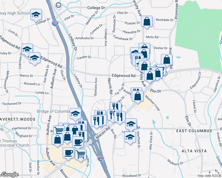 map of restaurants, bars, coffee shops, grocery stores, and more near 2725 Norris Road in Columbus
