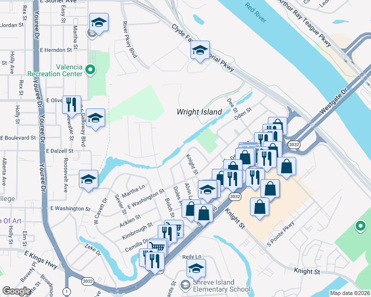map of restaurants, bars, coffee shops, grocery stores, and more near 1024 Gayle Street in Shreveport