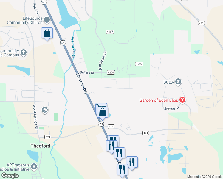 map of restaurants, bars, coffee shops, grocery stores, and more near 15431 Anna Lane in Lindale