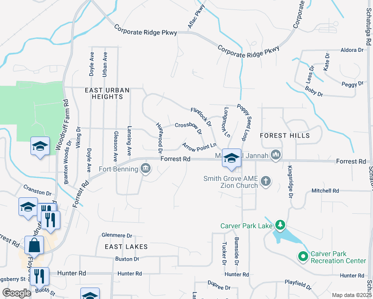 map of restaurants, bars, coffee shops, grocery stores, and more near 2025 Arrow Point Lane in Columbus